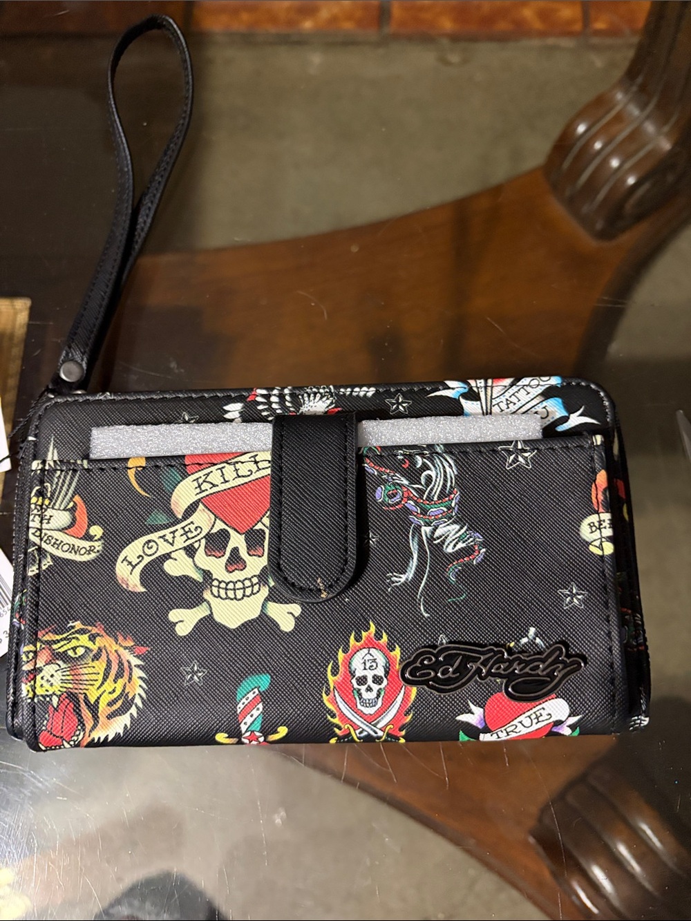 Ed Hardy Black Tattoo-Print Wristlet Wallet with Multicolor Accents